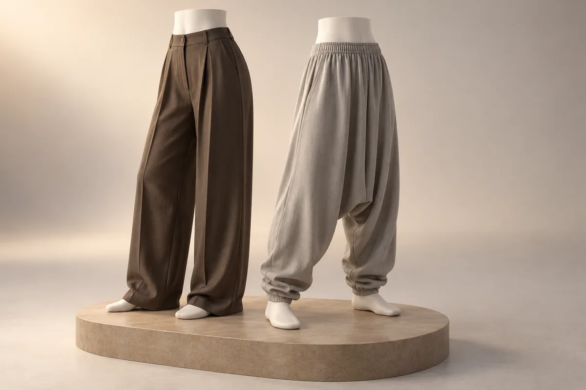 3D illustration of two mannequin lower bodies: espresso brown pleated wide-leg pants with a normal rise beside grey dropped-crotch harem pants gathered at the ankle.