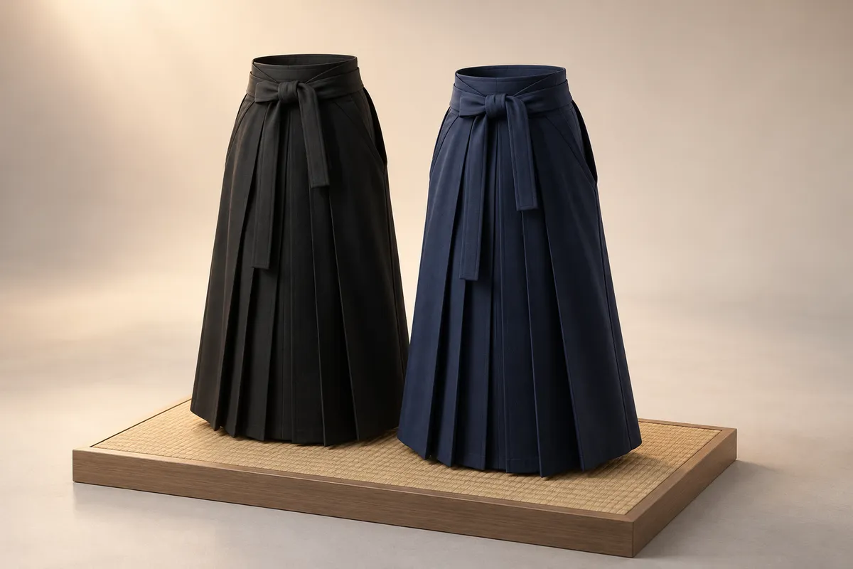 3D illustration of a black hakama and a deep navy hakama standing side by side.