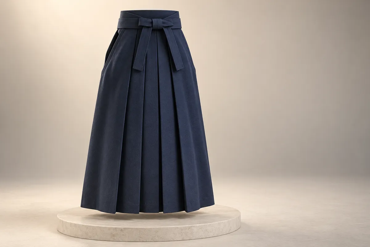 3D illustration of the front pleats of a navy hakama falling straight from the tied waistband.