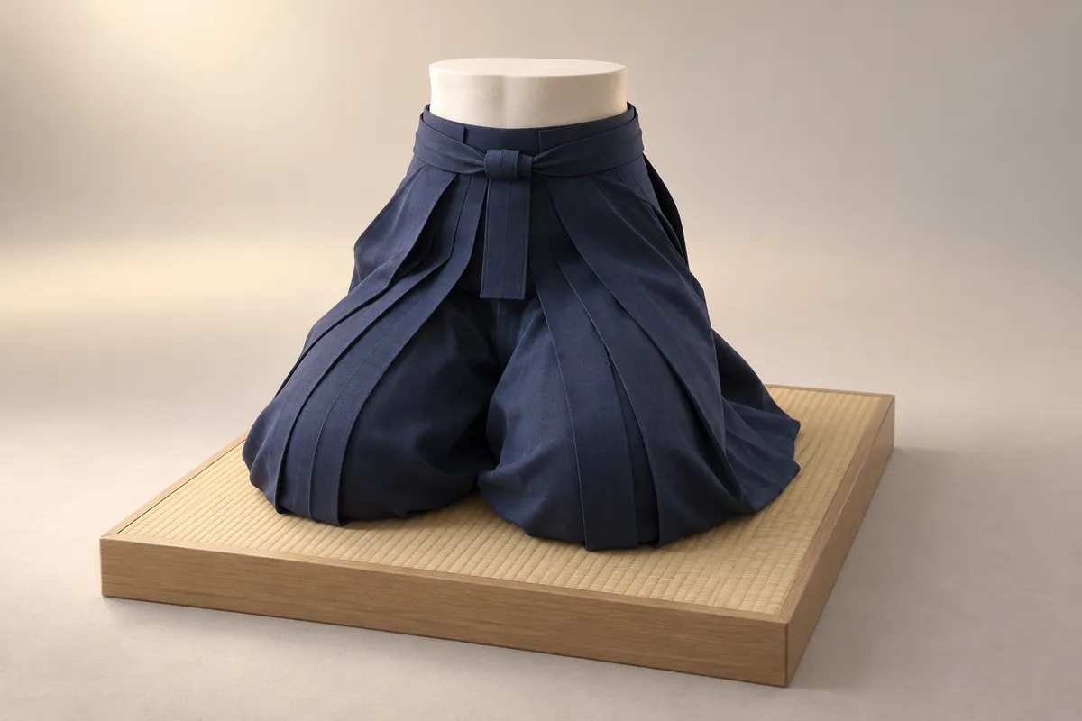 3D illustration of a navy hakama on a kneeling mannequin with the pleats spread evenly over the knees.