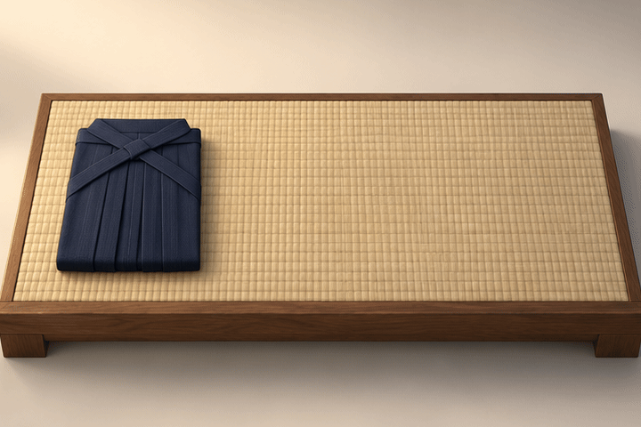 Animated 3D illustration: folded navy hakama are laid one by one on a tatami plinth, followed by a wooden bokken.