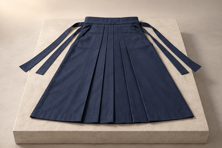 Animated 3D illustration of an indigo pleated hakama on a stone plinth being folded in four steps: laid open, sides folded in along the pleats, folded into a long rectangle, then tied with its waist ties.