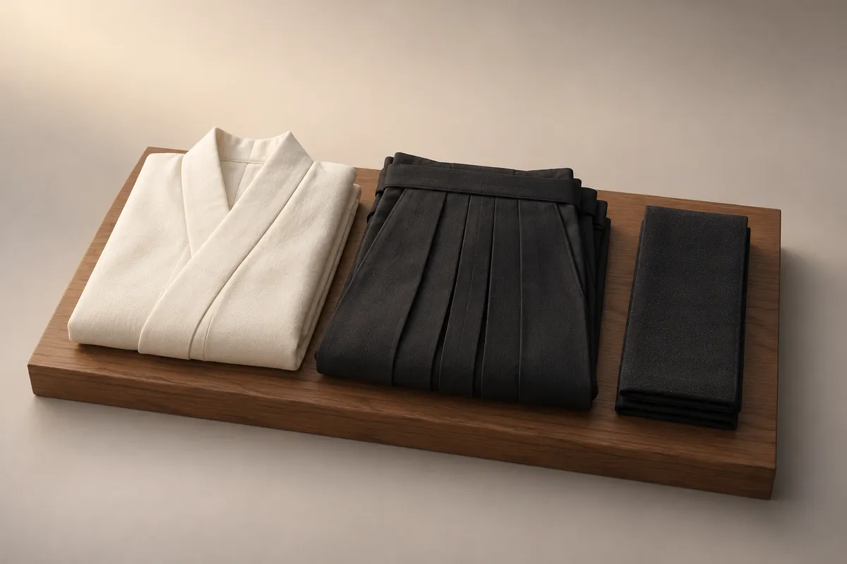 3D illustration of a folded cream kimono, a folded black pleated hakama and a folded black obi laid side by side on a wooden plinth.