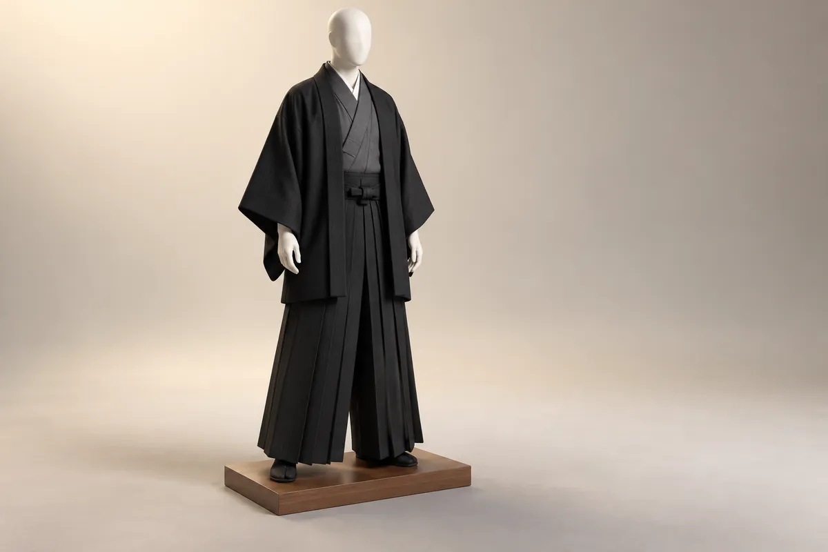 3D illustration of a faceless mannequin in a black haori worn open over a graphite kimono and a black pleated divided-leg hakama.