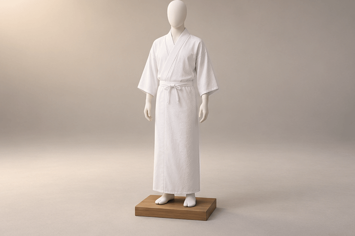 Animated 3D illustration of a faceless mannequin being dressed in four steps: a white under-robe, then a cream kimono, then a black obi at the waist, then a black pleated hakama tied over it.