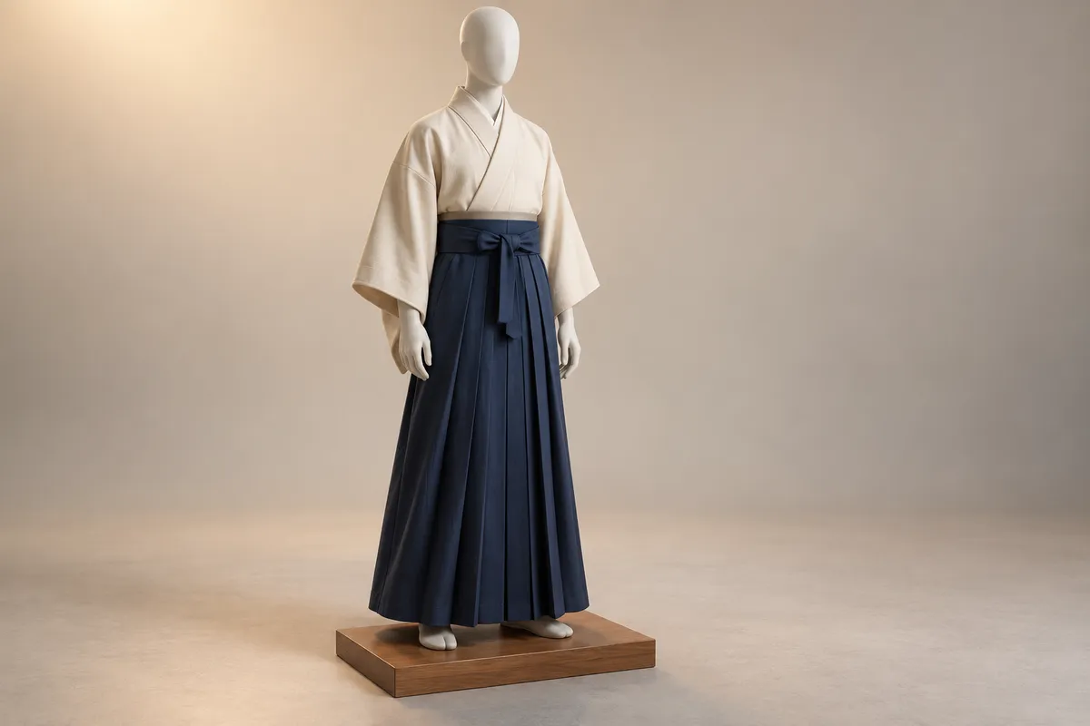 3D illustration of a faceless mannequin in an ivory kimono with a deep navy pleated skirt-style hakama tied high at the waist, a pale band of the obi showing above it.
