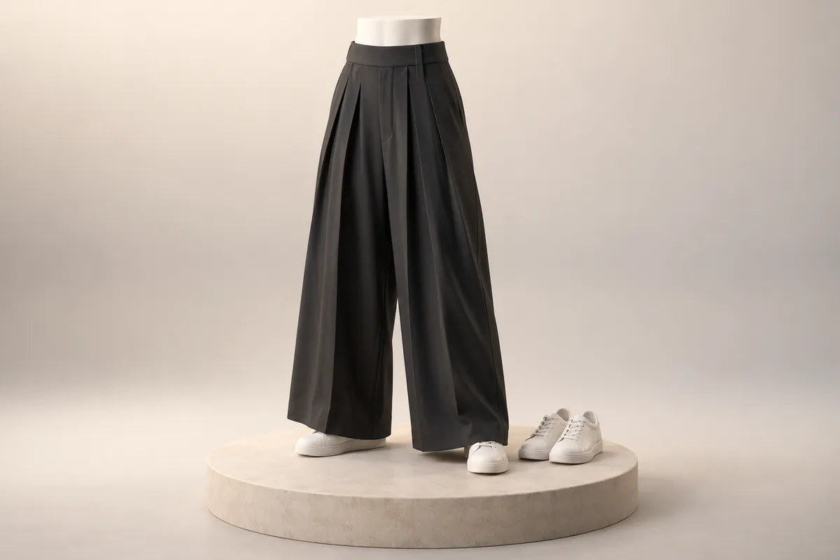 3D illustration of black wide-leg hakama trousers on a mannequin wearing plain white sneakers, with a second pair beside it.
