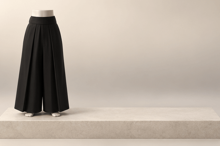 Animated 3D illustration: wide-leg pleated hakama trousers in black, stone grey and charcoal appear one by one on faceless mannequins, then geta and zori sandals are placed beside them.