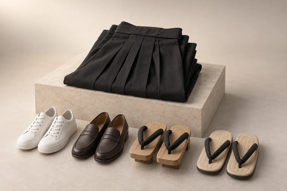 3D illustration of folded black hakama trousers with sneakers, loafers, geta and zori lined up in front.