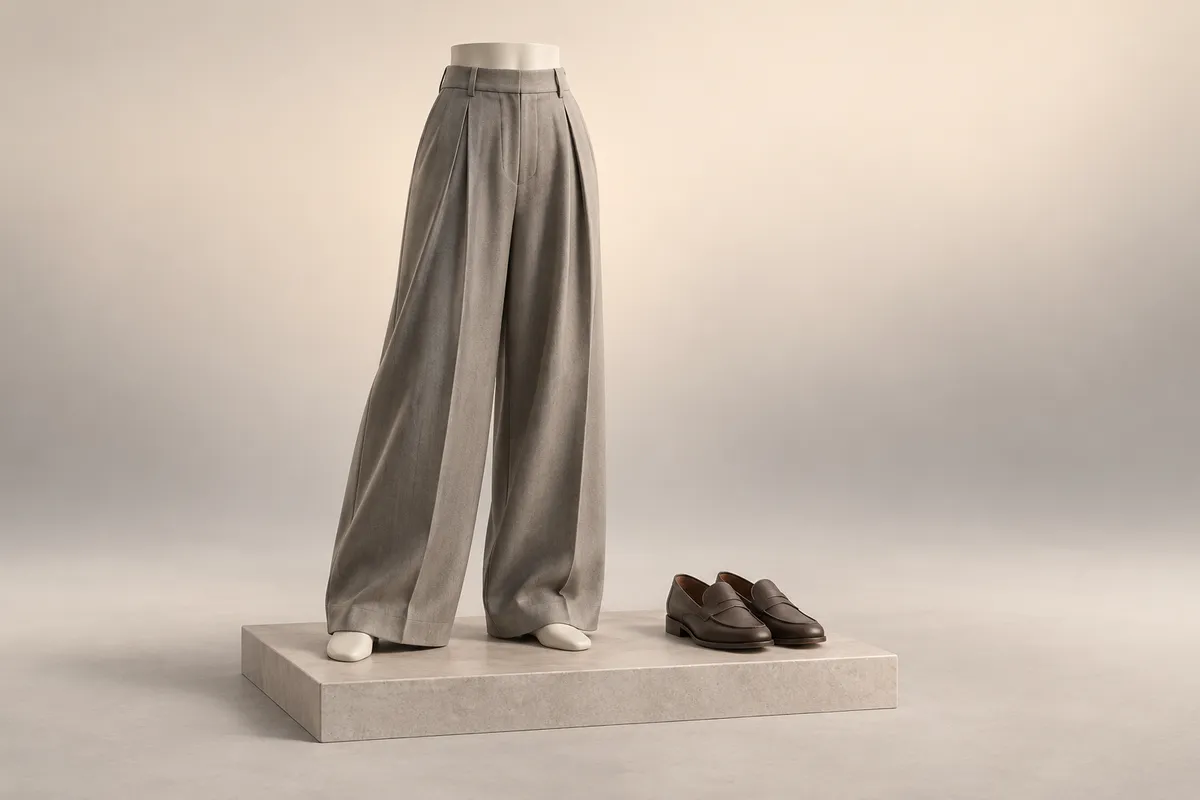 3D illustration of stone grey pleated hakama trousers on a mannequin with brown loafers beside it.