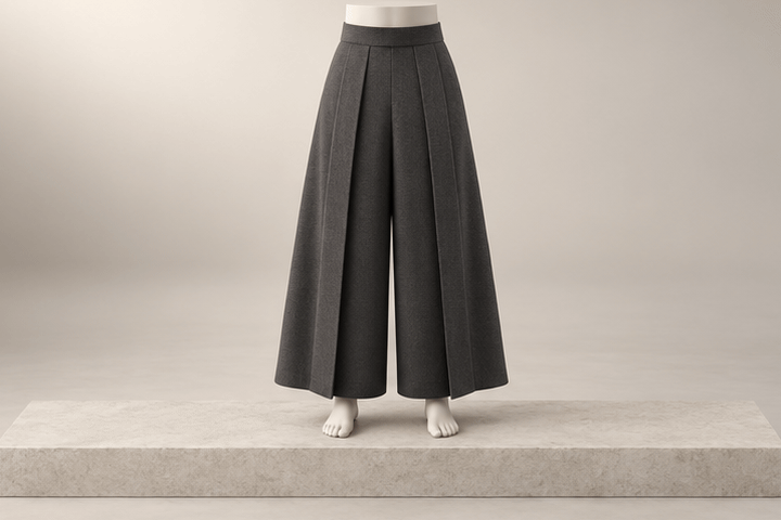 Animated 3D illustration: charcoal wide-leg pleated hakama trousers on a faceless mannequin, with sneakers, loafers and ankle boots placed beside it one pair at a time.