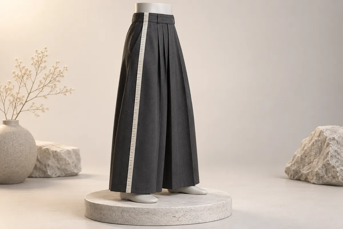 3D illustration of charcoal hakama trousers in side view with a blank measuring tape along the outside of the leg.
