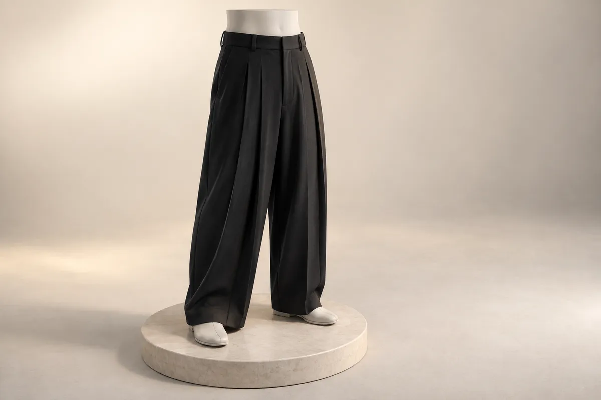 3D illustration of black straight-leg hakama trousers with pronounced centre pleats on a mannequin.