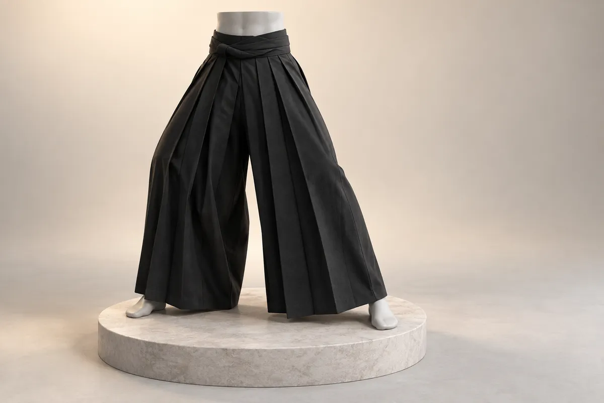 3D illustration of ink black hakama pants with a broad wrap waistband and very wide divided legs.