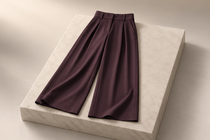 Animated 3D illustration of deep plum wide-leg pleated pants laid on a stone plinth, with flat black sandals, a folded cream cardigan and a small black handbag added one at a time.