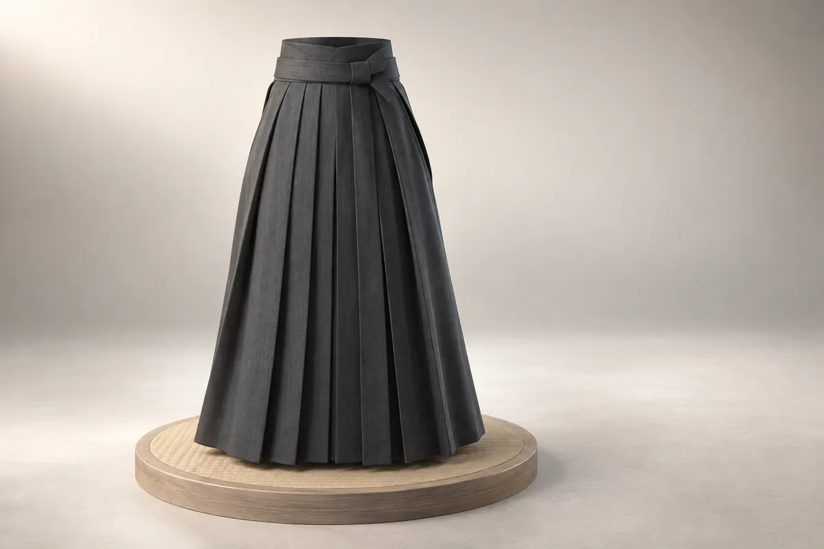 丸い台の上に立つチャコールの袴の3Dイラスト。裾が一続きで、脚の分かれ目がない。