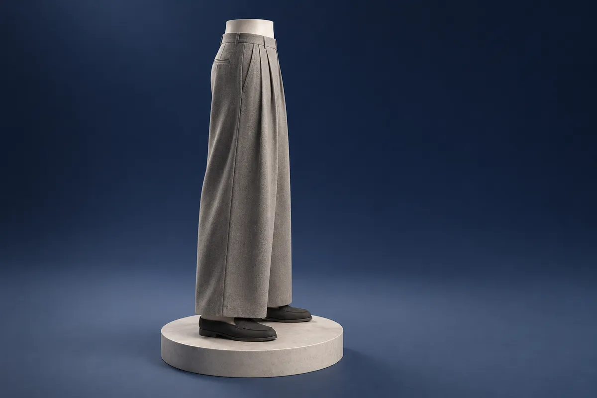 3D illustration of grey wide-leg pleated trousers on a faceless mannequin lower body in side view, worn with dark loafers, the hem ending just above the shoes.