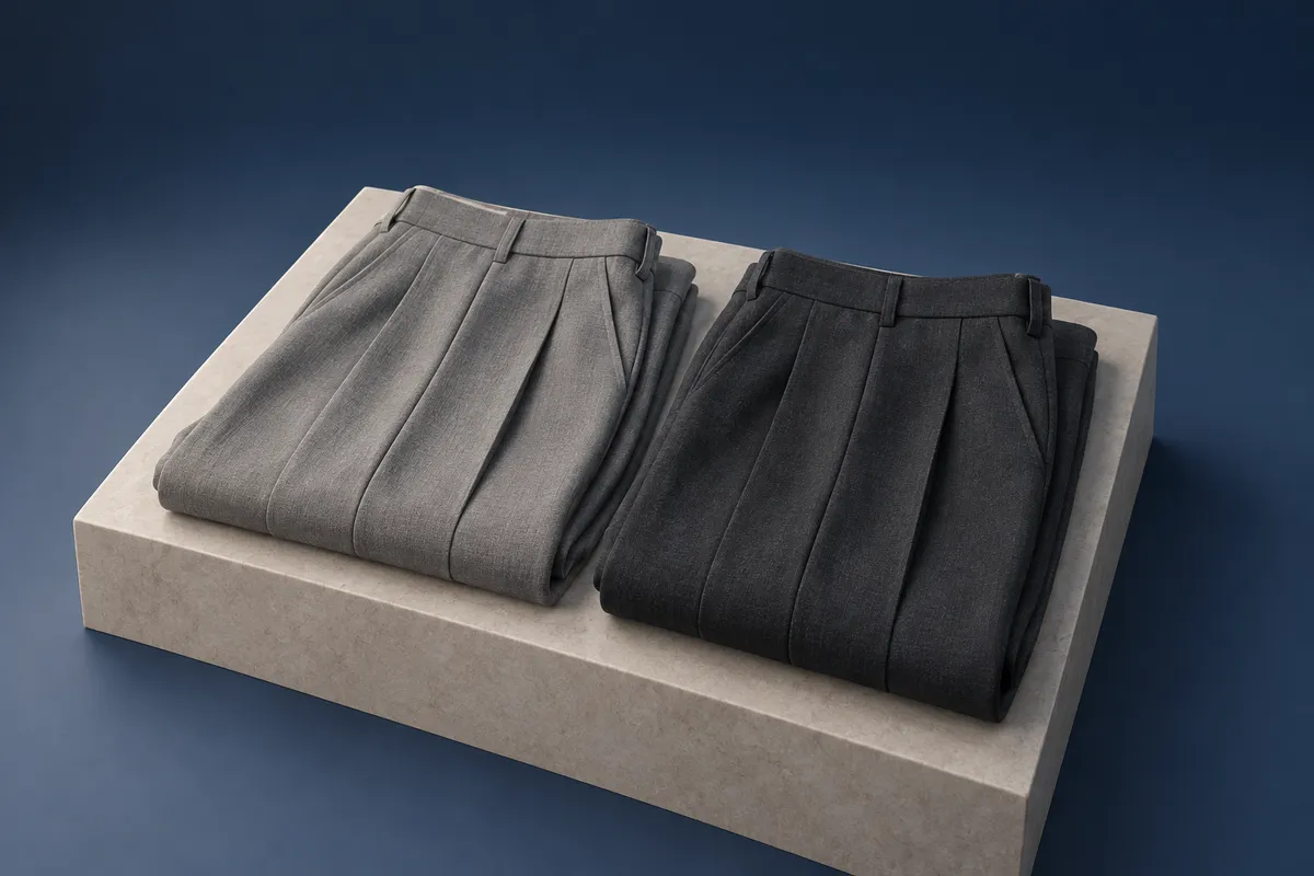 3D illustration of two folded pairs of pleated trousers side by side on a stone plinth, one light grey and one charcoal, with the pressed pleat lines visible.