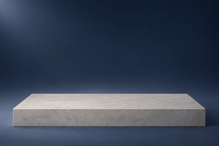 Animated 3D illustration of a stone plinth: empty at first, then one, two and finally three pairs of grey wide-leg pleated trousers standing in a row.