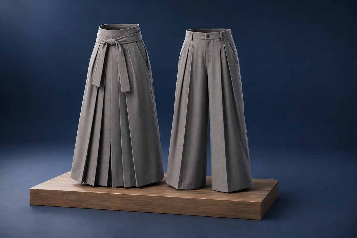3D illustration of two grey garments side by side: a pleated hakama with waist ties knotted at the front, and wide-leg pleated trousers with a flat buttoned waistband.
