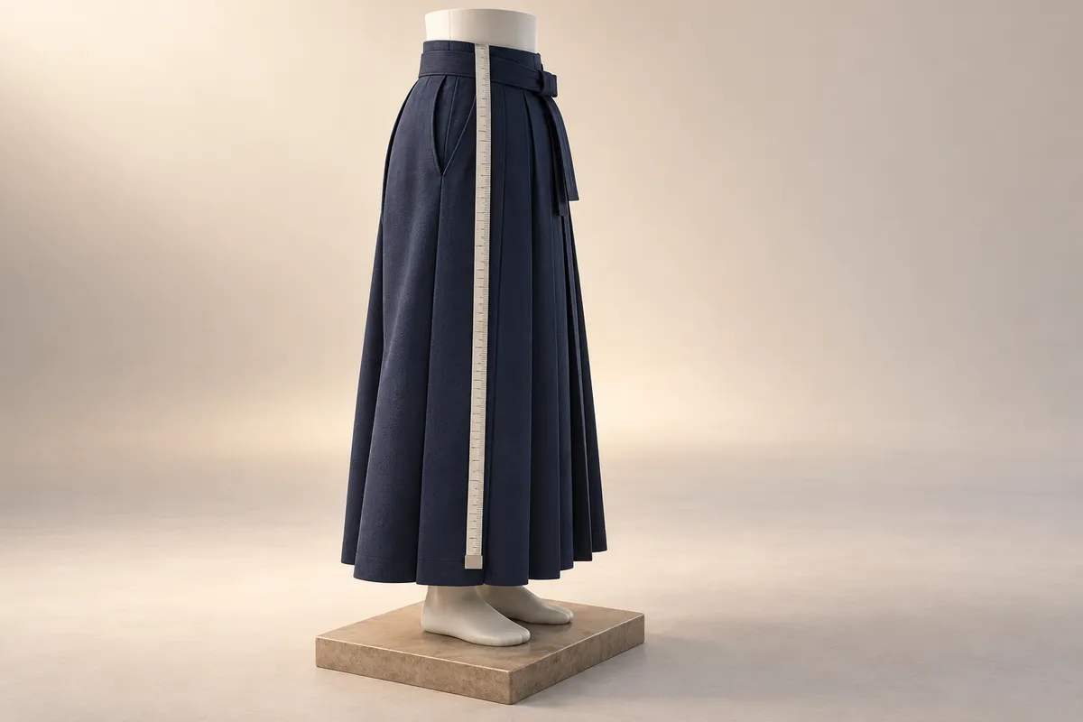 腰から裾まで目盛りのないメジャーを当てた紺の袴の3Dイラスト。