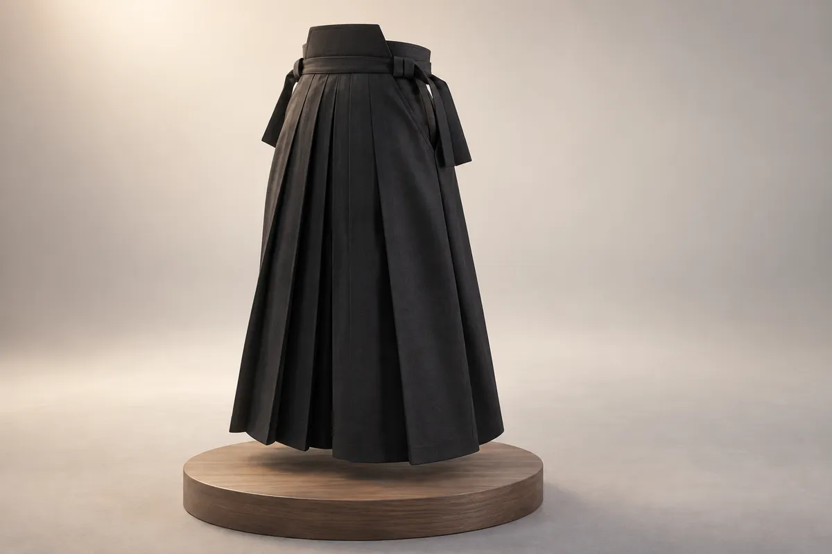 3D illustration of the back of a black hakama showing the stiff back board at the waist and the back ties leading forward.
