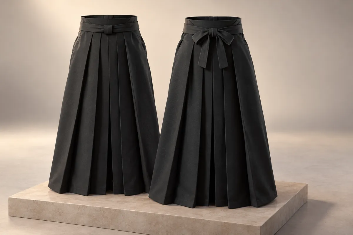 3D illustration of two hakama waists, one finished with a flat knot and one with a bow.