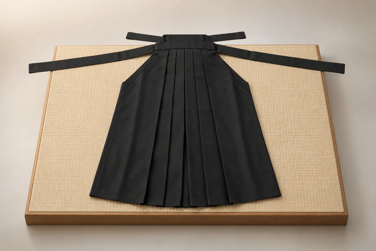 3D illustration of a black hakama laid flat with the long front ties and the shorter back ties spread out.