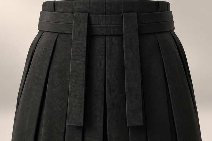 Animated 3D illustration of the ties of a black hakama at the front of the waist: hanging loose, crossed, tied in a flat square knot, and the ends tucked away.