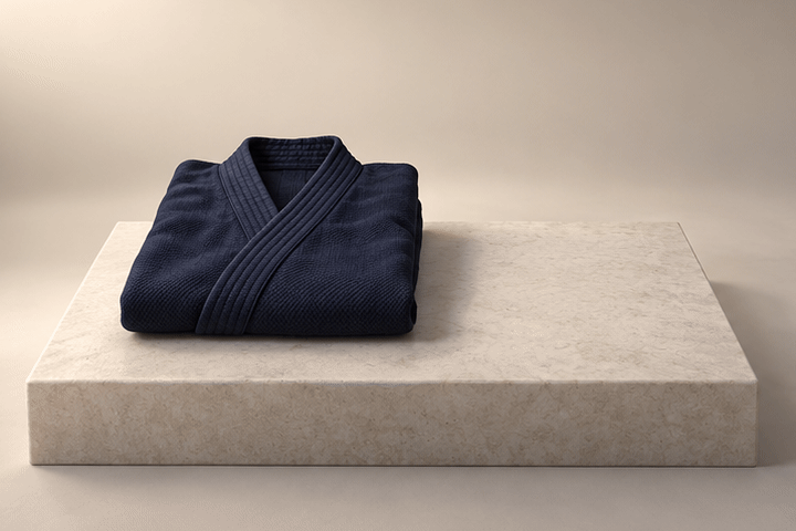 Animated 3D illustration of a stone plinth where a folded indigo practice jacket, a folded midnight indigo pleated hakama, a coiled navy belt and a wooden practice sword appear one at a time.
