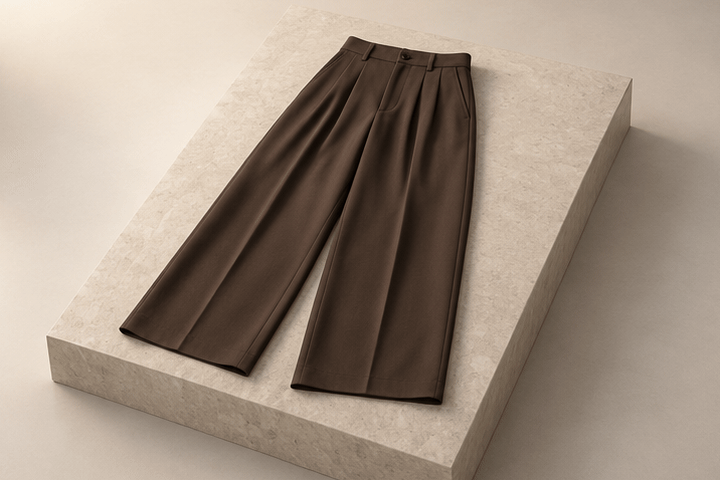 Animated 3D illustration of espresso brown wide-leg pleated pants on a stone plinth, with a folded white t-shirt, white low sneakers and a black tote bag added one at a time.