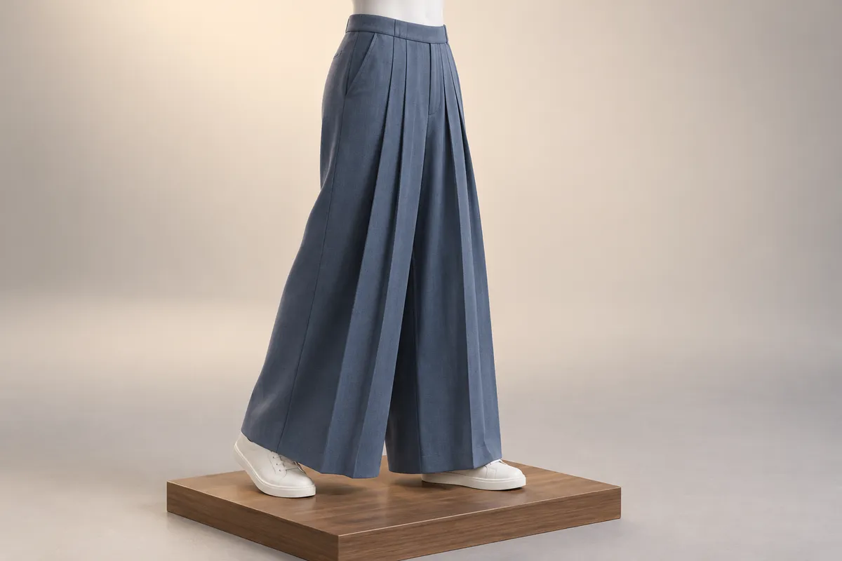 3D illustration of slate blue wide pleated trousers on a mannequin lower body in mid-step, worn with plain white sneakers, the hem clear of the floor.