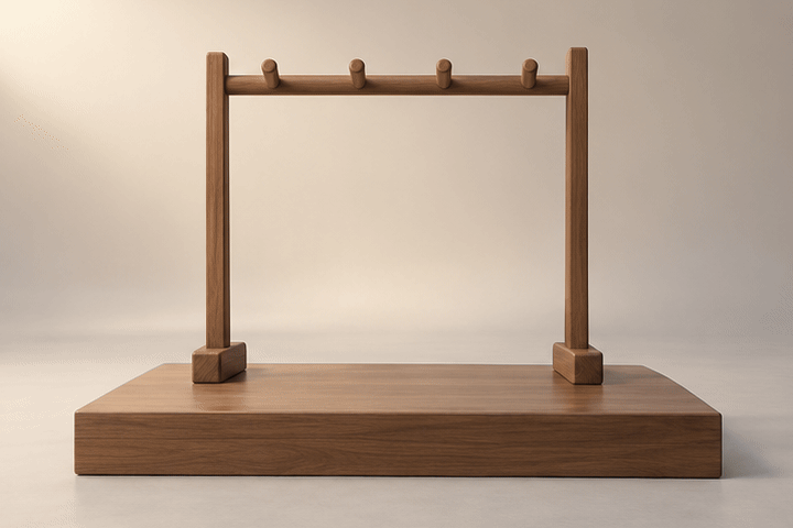 Animated 3D illustration of an empty wooden peg stand that fills in three steps with espresso brown, slate blue and black pleated hakama pants.