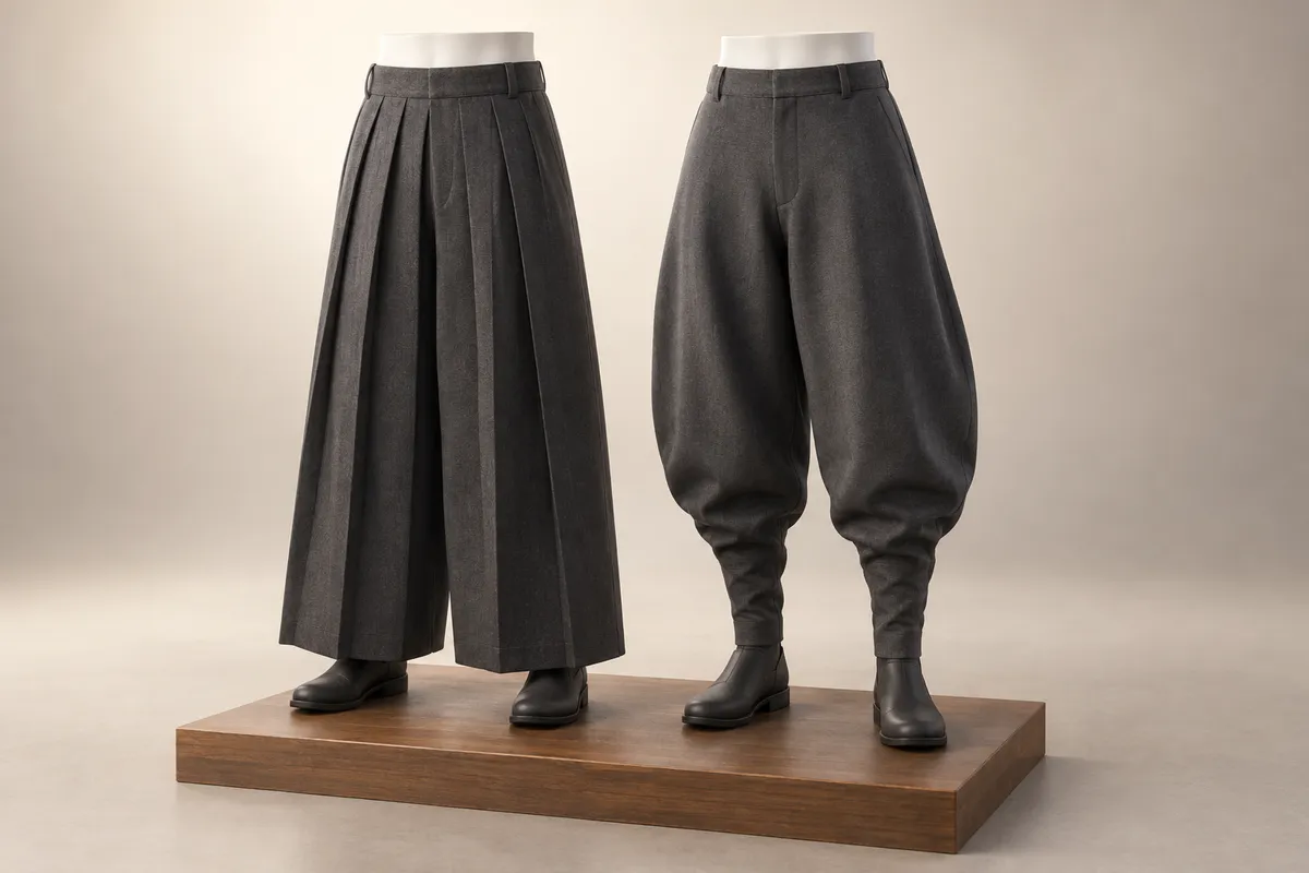 3D illustration of two charcoal trousers on mannequins: wide pants with deep front pleats on the left, and baggy work trousers that narrow tightly at the calf on the right.