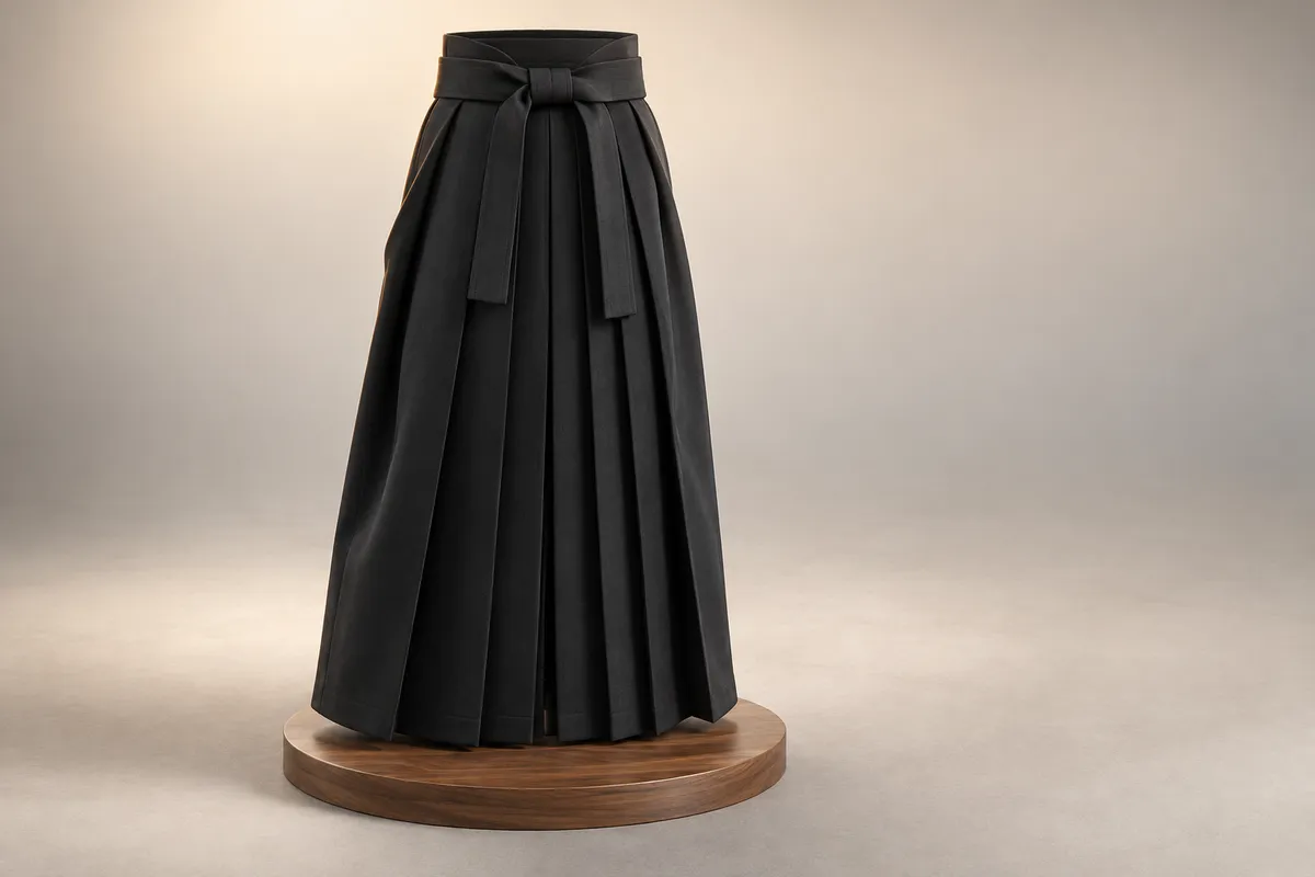 3D illustration of a black pleated hakama standing upright on a wooden plinth, its waist ties knotted in a bow at the front above deep front pleats.