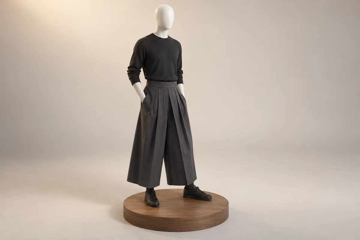 チャコールの襞のある袴パンツに黒いトップをインし、黒いスニーカーを合わせた顔のないマネキンの3Dイラスト。