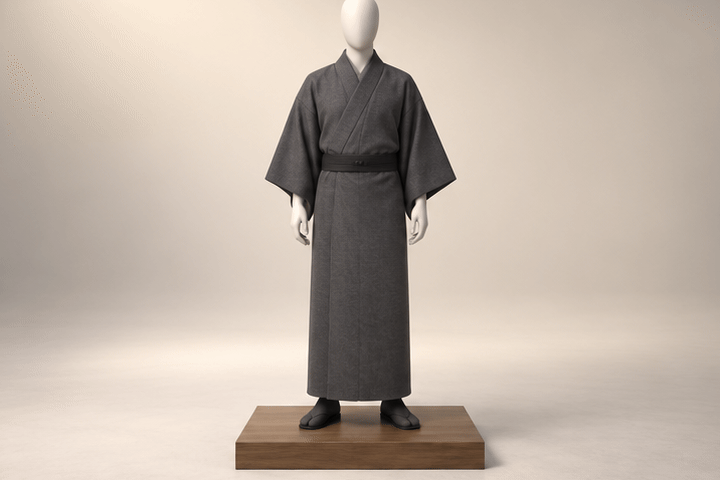 顔のないマネキンにグラファイトの着物、黒い襞の袴、黒い羽織を順に重ね、最後に羽織紐を結ぶ4段階の3Dアニメーション。
