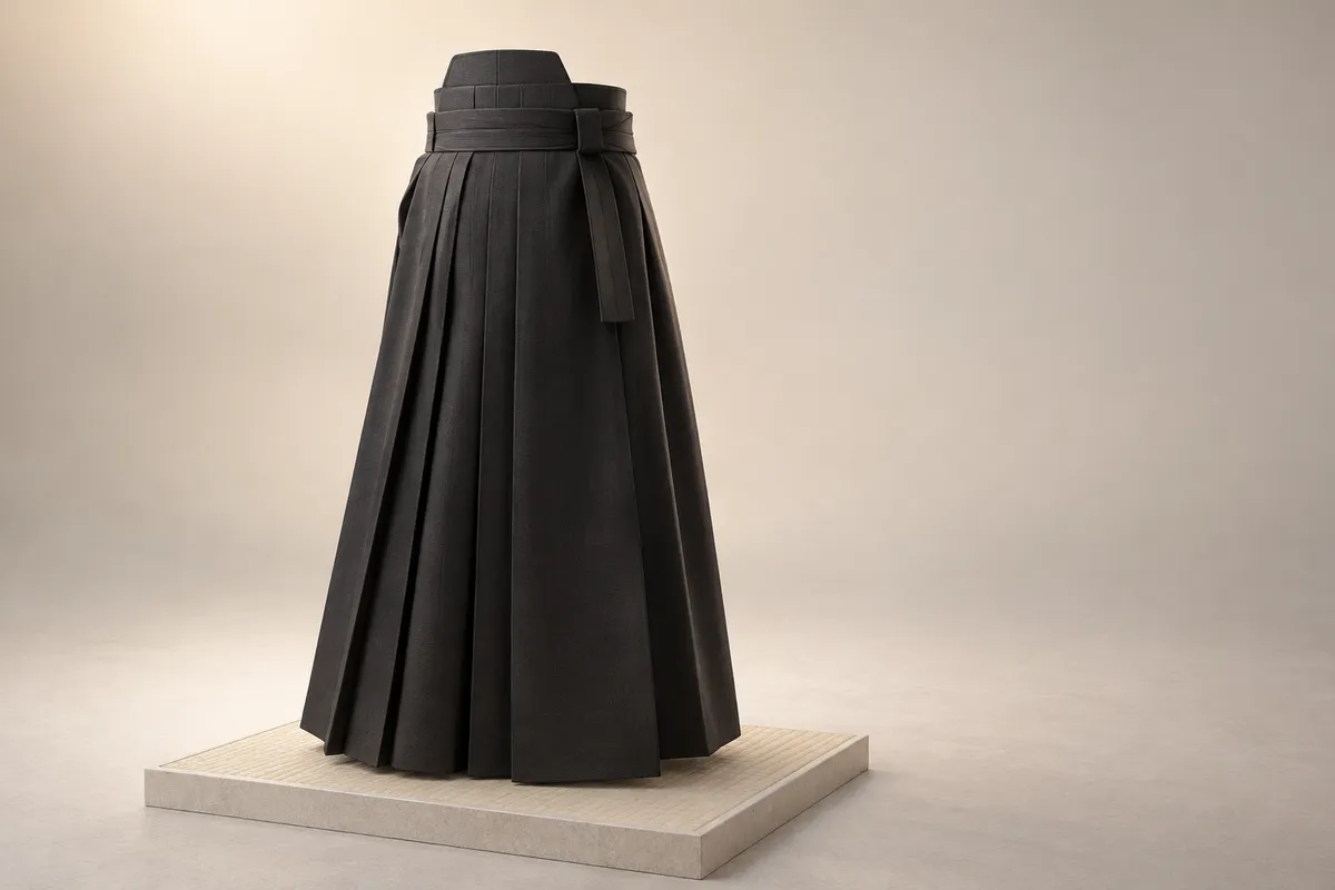 3D illustration of a black pleated hakama seen from behind at an angle, showing the raised back waist board and a waist tie hanging at the side.