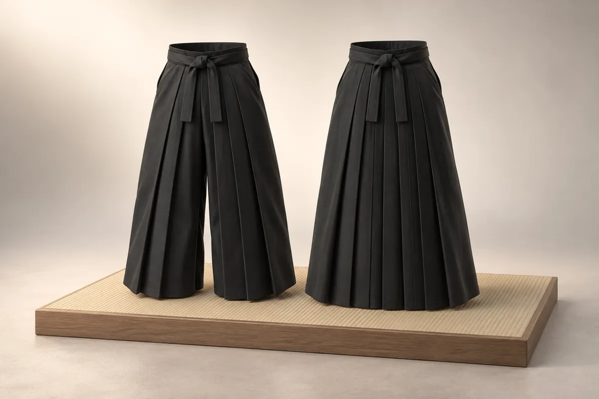 3D illustration of two black pleated hakama side by side on a tatami plinth: the left one split into two wide legs, the right one with a single continuous hem.