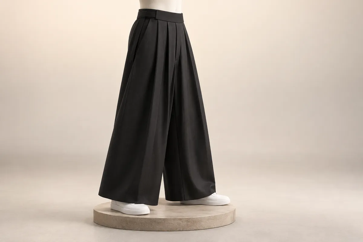 3D illustration of black wide-leg pleated trousers on a faceless mannequin lower body with plain white sneakers, the hem ending just above the ground.