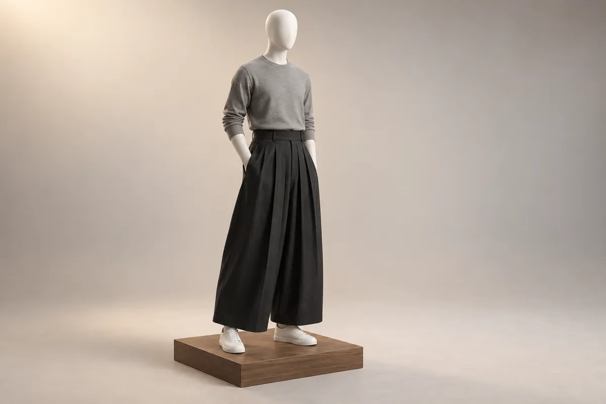 黒い襞のあるワイドパンツにグレーのニットをインし、白いスニーカーを合わせた顔のないマネキンの3Dイラスト。