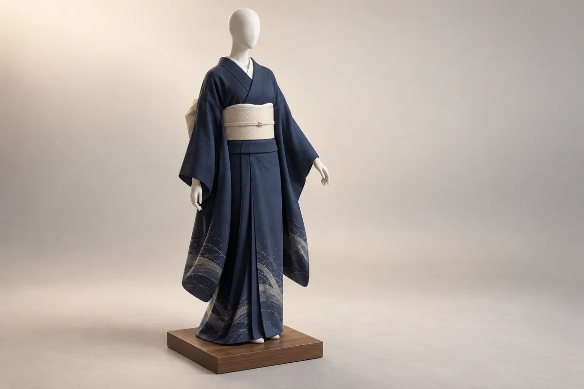 長い袖が垂れる紺色の着物に、裾に淡い抽象模様、腰にアイボリーの帯を締めた顔のないマネキンの3Dイラスト。